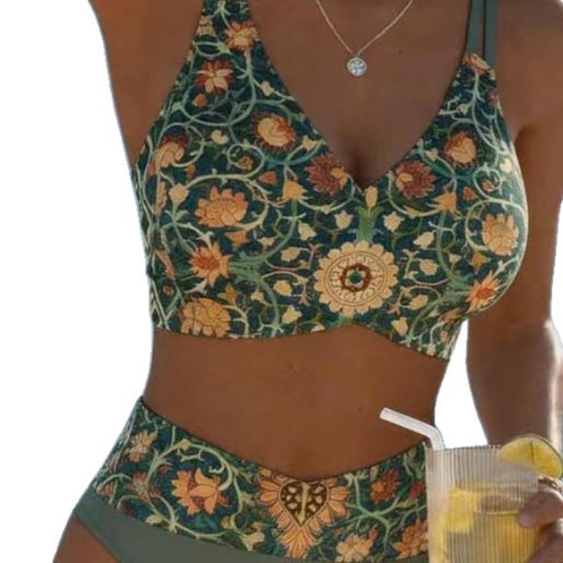 2027 Shoulder Strap New Split Swimsuit Women's Printed High-waisted Briefs