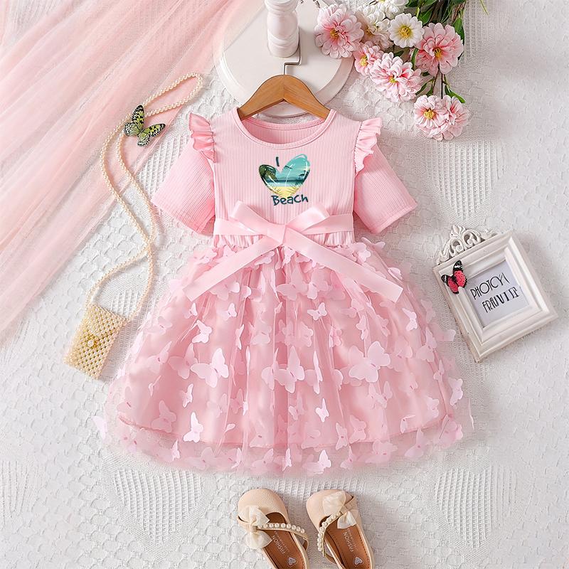 Girls Butterfly Tulle Dress, Case printing,Cute Princess Party Dress with Bow, Short Sleeve Summer Dress for Little Girls