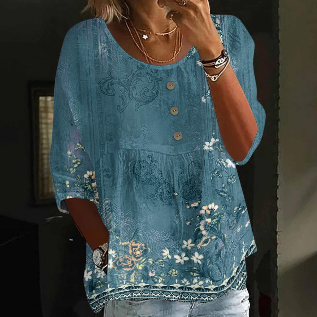 Women's Casual Fashion Three-quarter Sleeve Loose Round Neck Button Retro Print Top