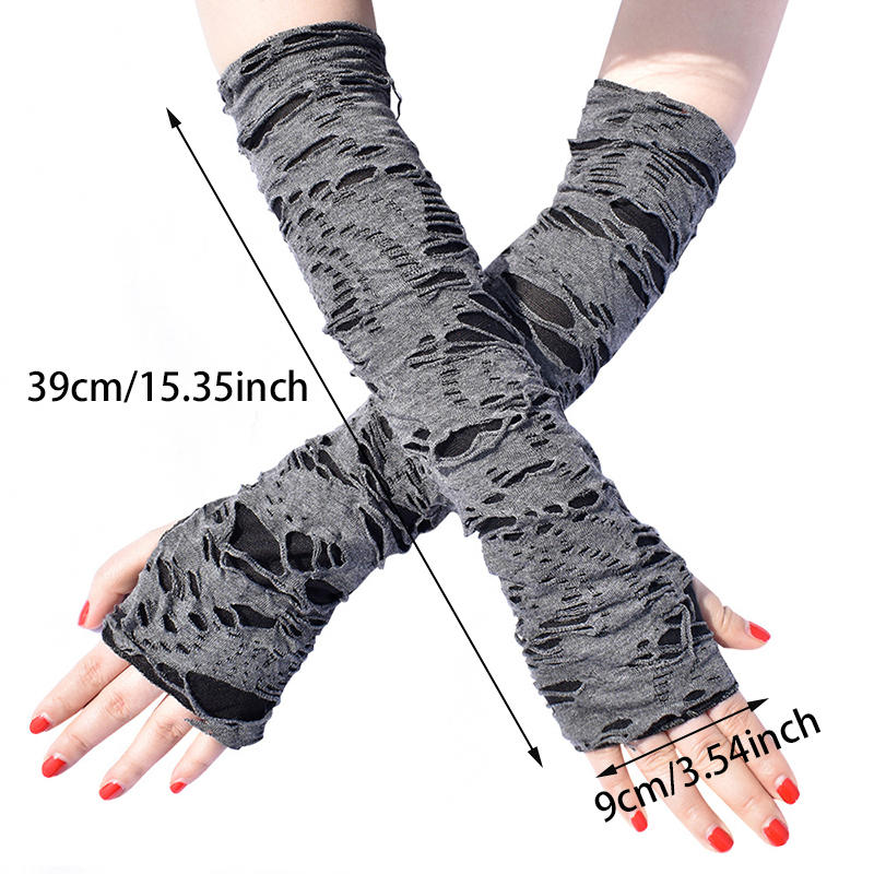 Women Punk Winter Ripped Arm Warmer Knitted Stretchy Soft Fingerless Gloves for Christmas Halloween Party Costume