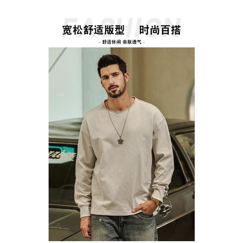 Men 100 Cotton Loose Long Sleeve Round Neck Casual Solid Vintage T Shirt