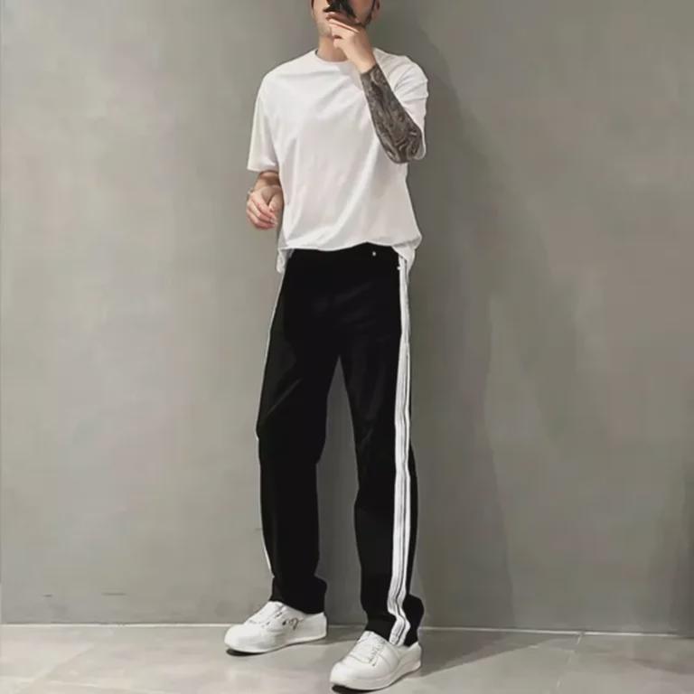 2023 Men's Autumn Trendy Loose Side Stripe Straight Jeans: Youthful Versatile Washed Wide-Leg Pants