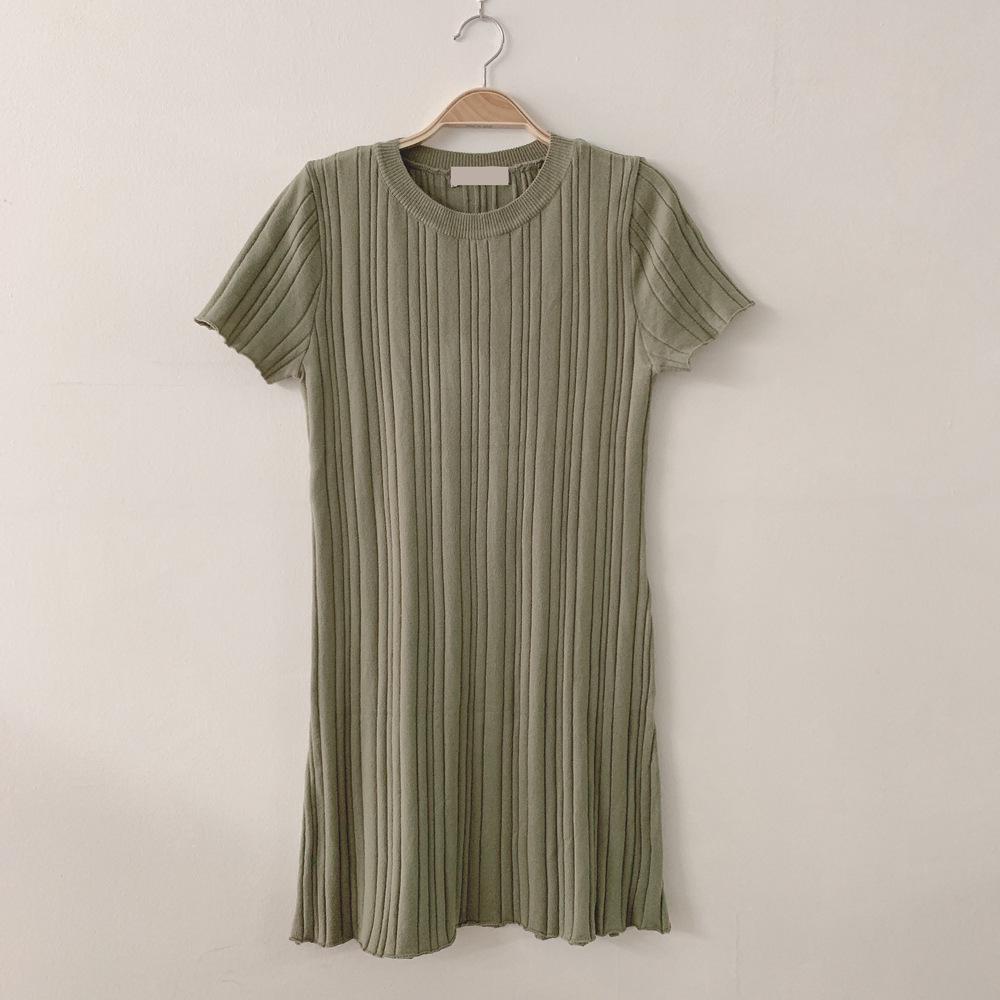 Korean Chic Ribbed Ice Silk Slim Fit Bodycon Knit Dress - Women's Short Sleeve, Round Neck