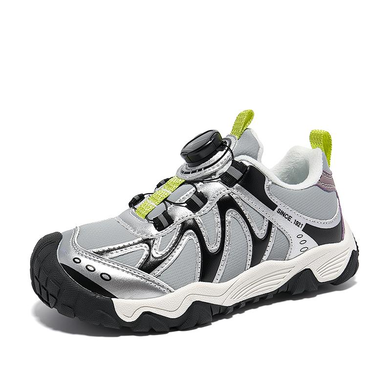 Plush Lined Kids Trainers Dial Cord Lock Wavy Side Panel Round Toe Winter Everyday Shoes 28-40