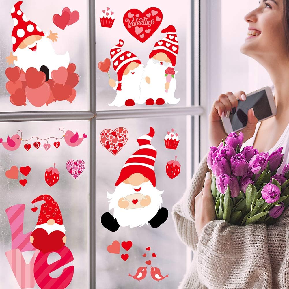 CCINEE Valentine's Day Window Cling,6 Sheet Heart Gnome Elf Window Sticker Decals for St. Valentine's Day Wedding Party Home Window Decoration Supply