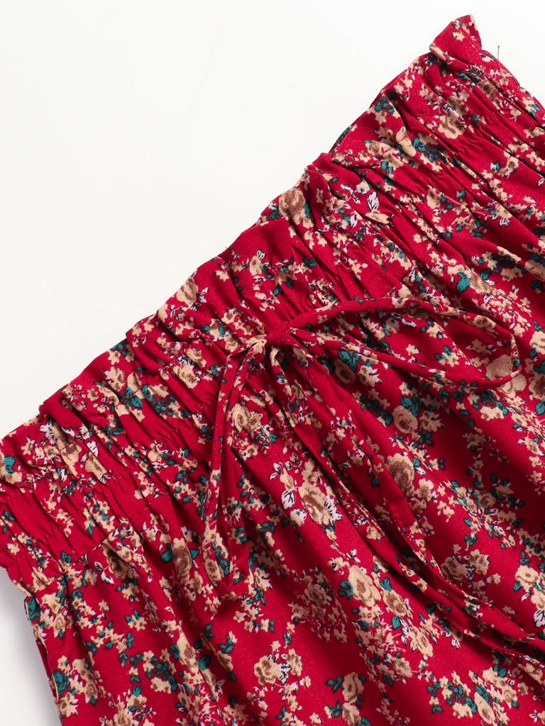 Women Floral Skirts Solid Color Long Skirt A-line High Waisted Long Skirt Pleated Skirt
