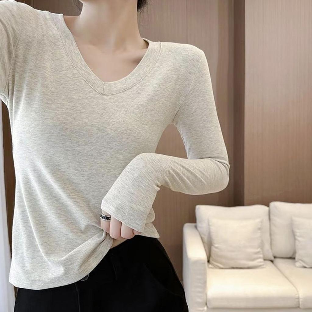 V-neck Right Shoulder T-shirt Slimming Hot Girl Long-sleeved Top Women Spring Autumn Bottoming Women