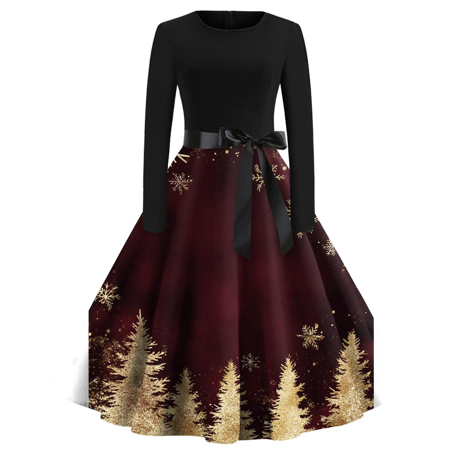 

Женское модное винтажное платье с длинным рукавом и круглым вырезом с рождественским принтом XXL кофейный