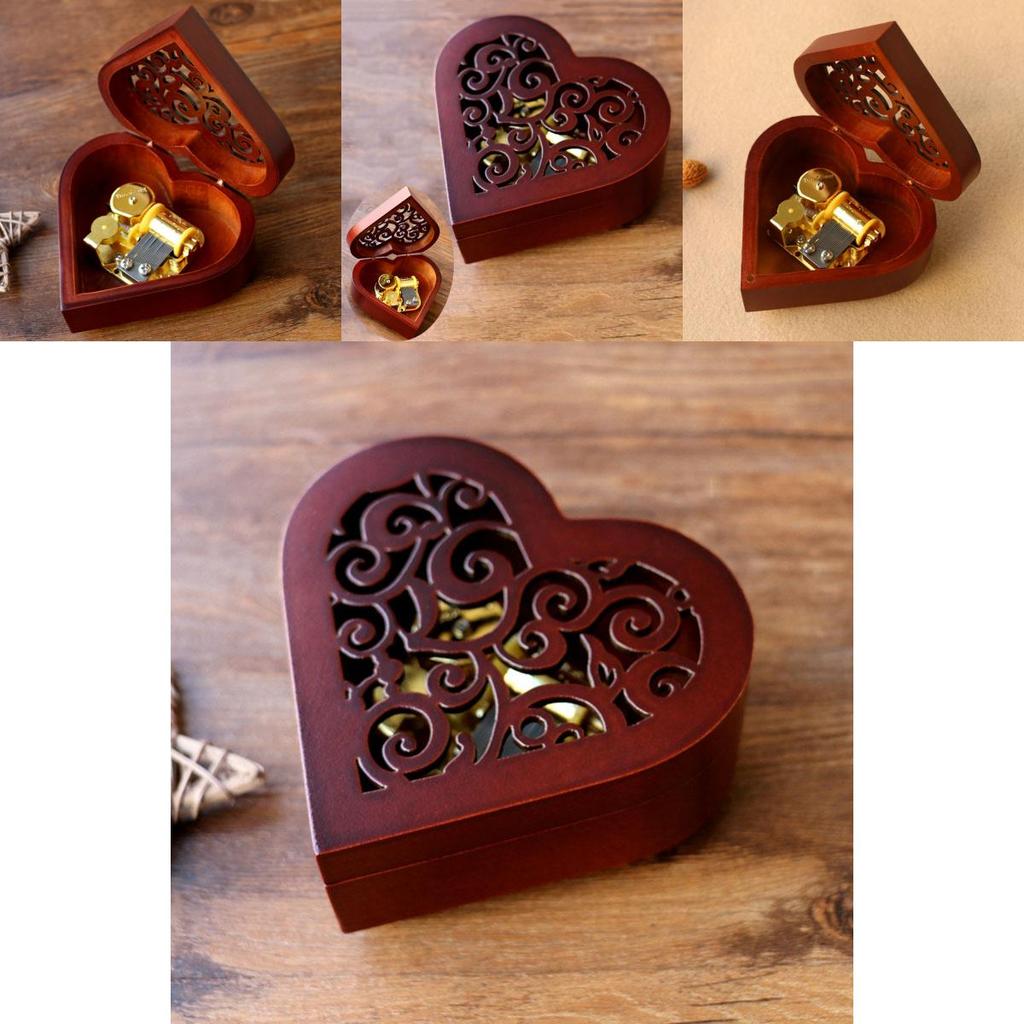 Urocza prostokątna rzeźbiona drewniana pozytywka nakręcana z melodyjnymi melodiami