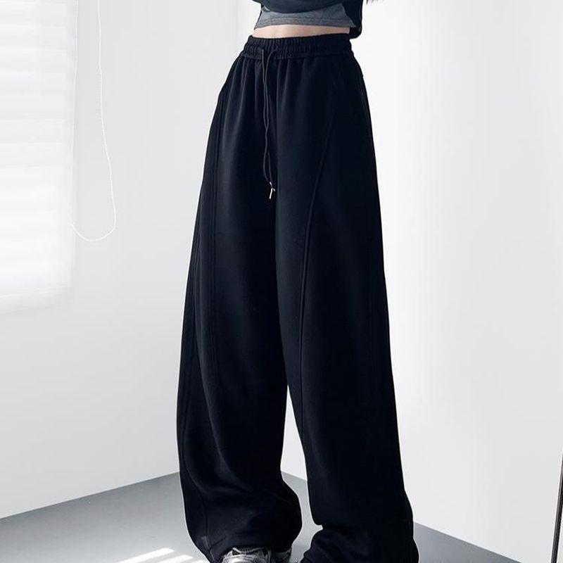 Red High-Waisted Wide-Leg Fleece-Lined Sweatpants for Girls & Women - Drapey Lazy Style Slimming Plus-Size Autumn New Arrival