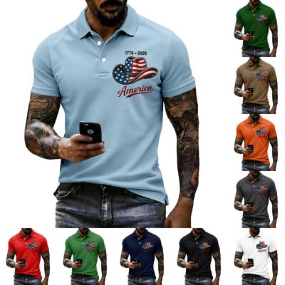 Men's Short Sleeve Polo Shirt with 250th Anniversary 1776-2026 Flag Print Classic Fit Button Down Top for Daily Wear