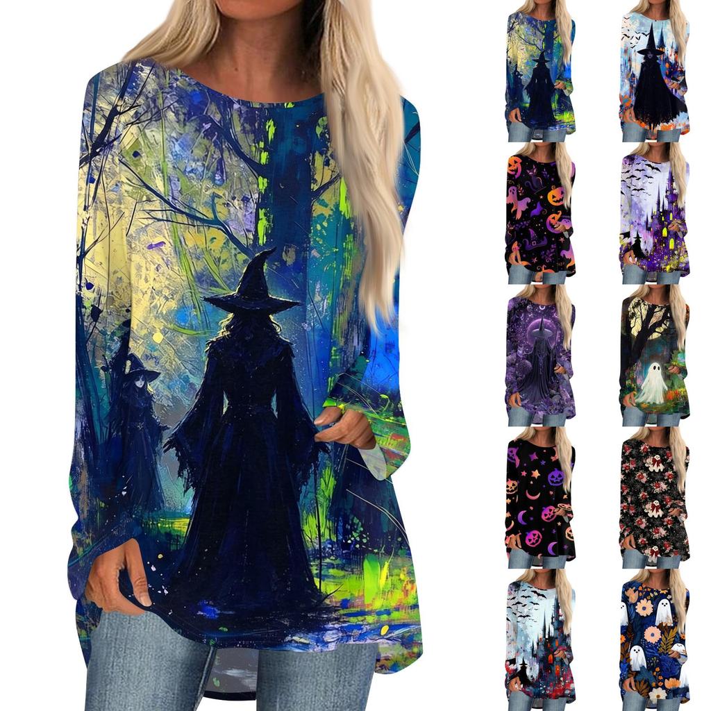 Women's Long Sleeve Round Neck Halloween Print Tunic T-Shirt for Casual Fall Fashion