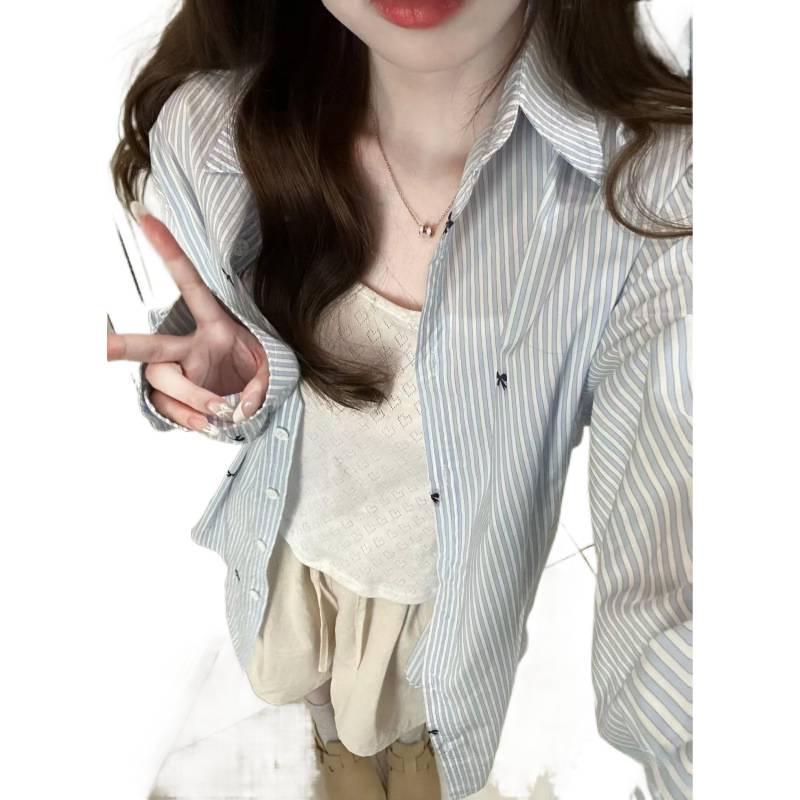 Blue and White Striped Bow-Print Long-Sleeve Shirt for Women - Stylish Early Autumn Mid-Length Top