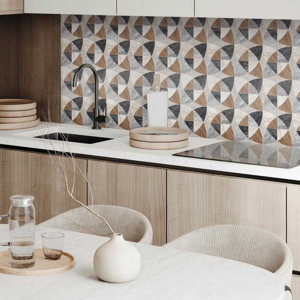 Pack of Self-Adhesive Vinyl Tiles with Print Geometric Tile Pattern 9x30x30 Cm