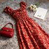 2026 Summer French Retro Red Floral Square Neck Dress for Petite Women
