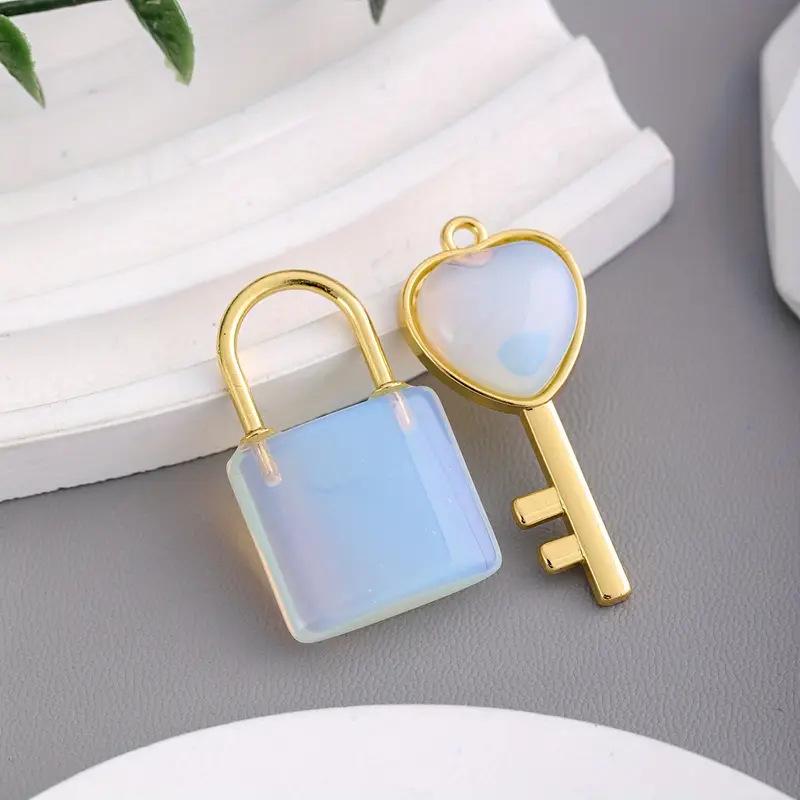 

Natural Stone Heart & Key Crystal Pendant Necklace Set: Lock & Key