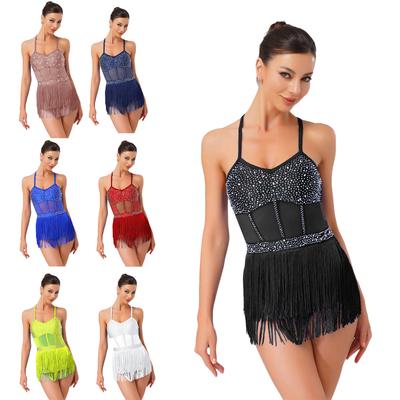 Abito da Ballo Latino da Donna Costume Tango Strass Patchwork Rete Trasparente Frange Nappine a Strati Body