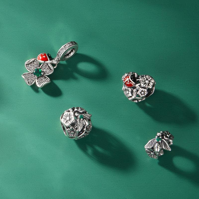 WOSTU 925 Sterling Silver Red Ladybug Charm Lucky Colver Beads Bee Pendant For Original Bracelet DIY Necklace Women Jewelry Make