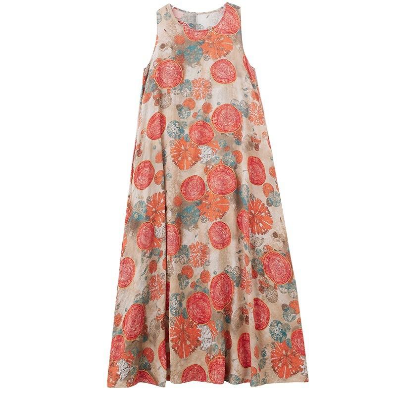 Real shot summer new bohemian literary loose sleeveless round neck printing medium and long dress women