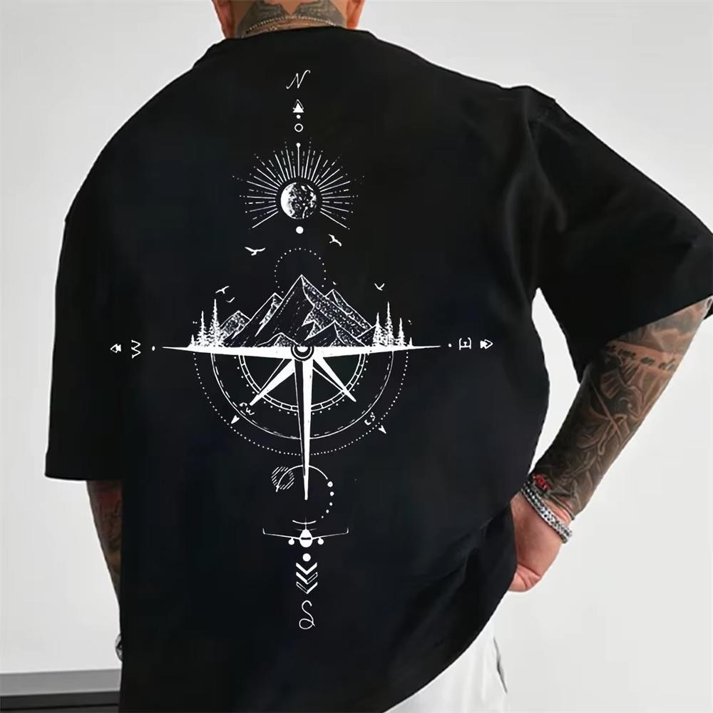 Summer Harajuku T-Shirts for Men Compass Graphic Men's Tops Casual Oversized Cotton Short Sleeve T Shirts Y2K Man Clothing