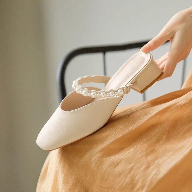 WTEMPO Summer Wrapped Toe Sandals Women's Square Toe Middle Thick Heel Pearl Soft Leather Soft Sole Slippers Fairy Style Comfortable Wear-resistant