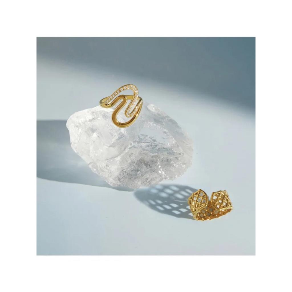 18K Gold PVD Plated Stainless Steel Waterproof Rings for Women Girls Trendy Zircon Wave Open Wedding Jewelry Gfts