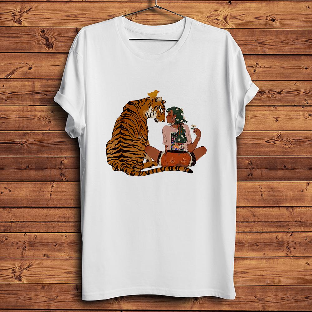 Fairytale Girl with Tiger Funny TShirt,O-neck Short Sleeve Casual Unisex T-Shirt,streetwear,No-