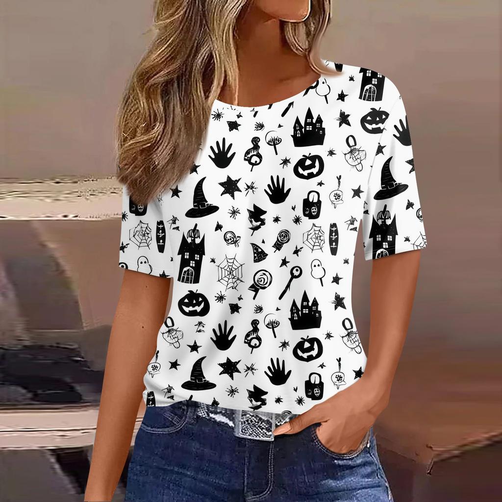 Women's Short Sleeve Halloween and Pumpkin Print T-Shirt, Casual Round Neck Pullover Top for Women