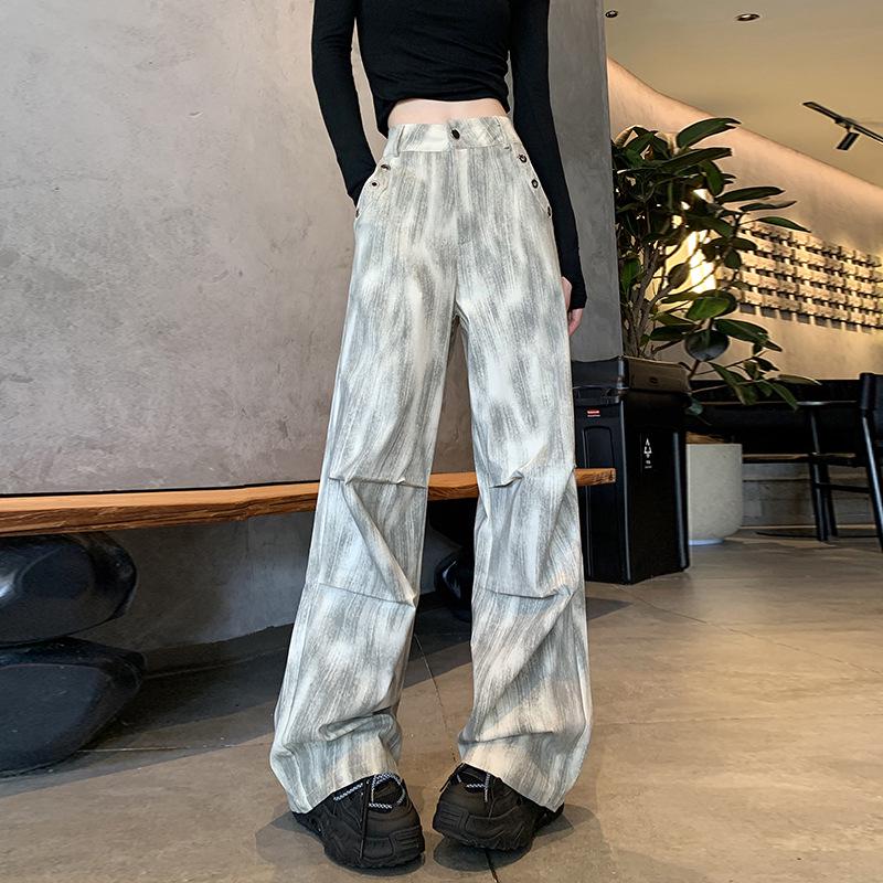 

2026 Spring Women s High Waist Retro Tie-Dye Elastic Work Pants - Loose, Casual, Straight Leg, Wide-Legged for Street Dance XL