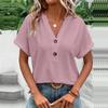 Spring/Summer 2025 Women's Casual V-Neck Button T-Shirt - Solid Color Fashion