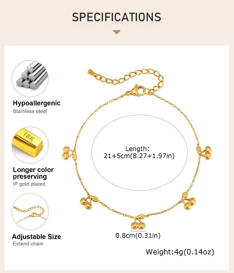 Dainty Cherry Anklet, 18K Gold PVD Stainless Steel, Waterproof Anti-Tarnish Charm Ankle Bracelet for Summer Foot Jewelry