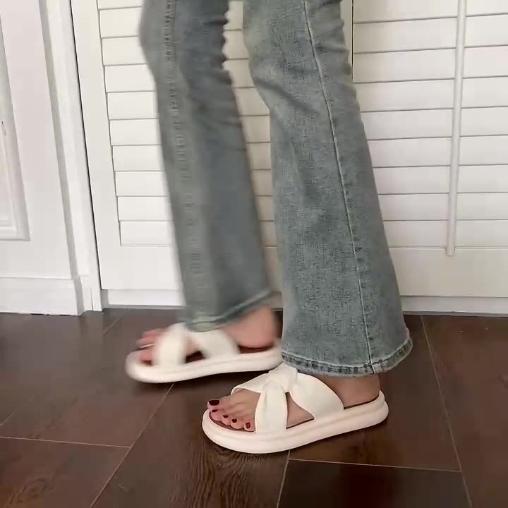 Women Spring Solid Color Cross Style Indoor Slippers Summer Casual Thick Flat Bottom Anti Slip Beach Sandals Shoes 36-41