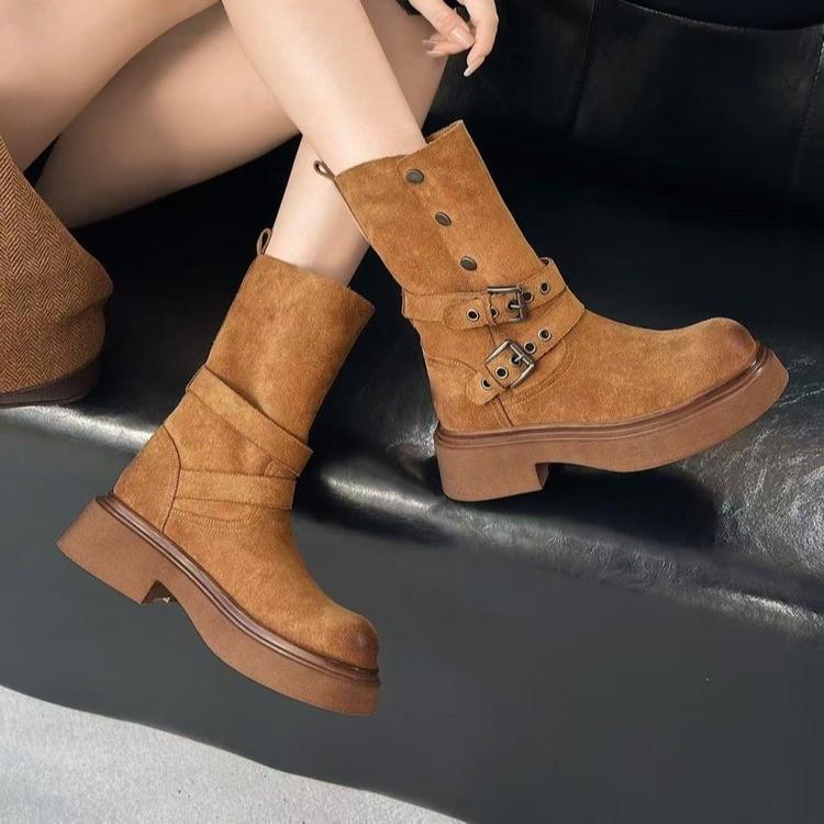 Fashion Fashion Belt Buckle Women Mordern Boots Design Height Increase  Shoes Autumn Winter Women's Mid Calf Booties