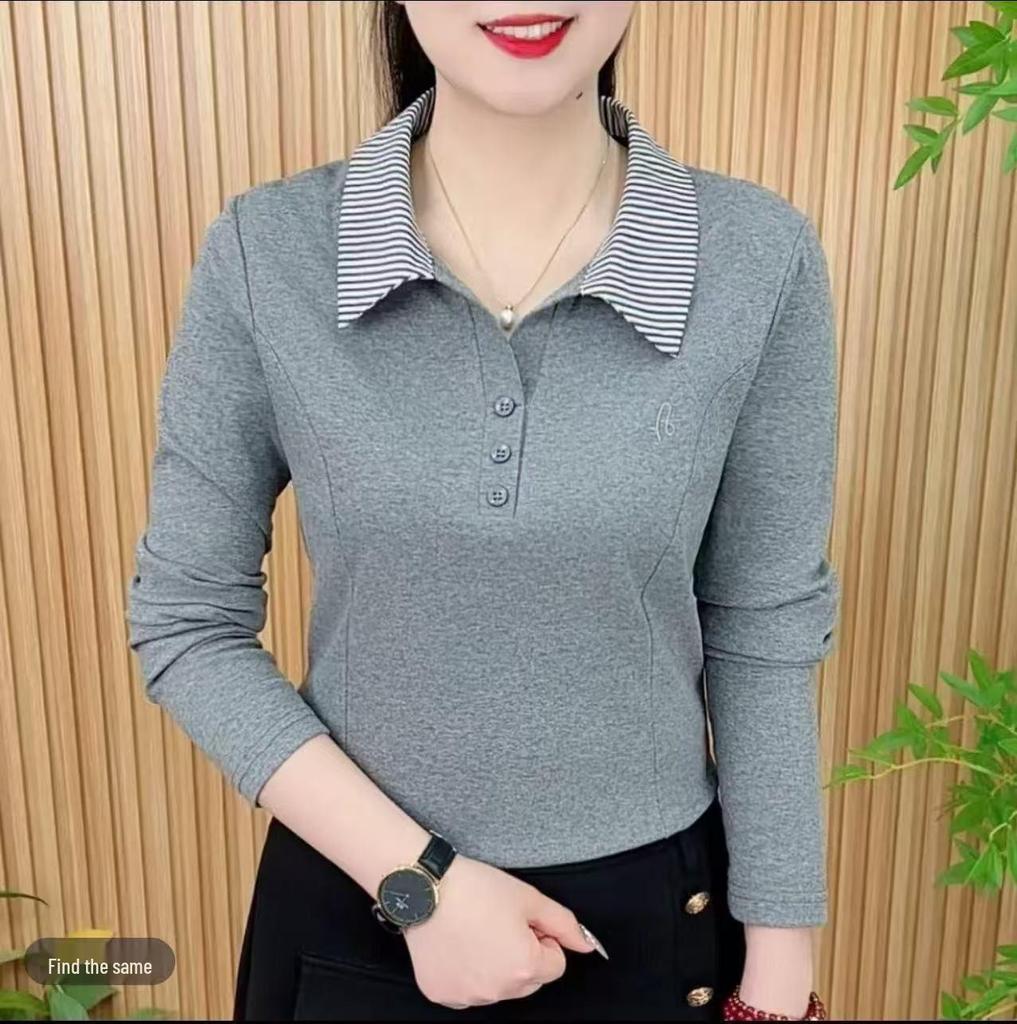 Polo de damă high-end cu mânecă lungă: Primăvară/Toamnă 2025, Guler răsturnat, Culoare uni, Top versatil pentru ținuta mamei