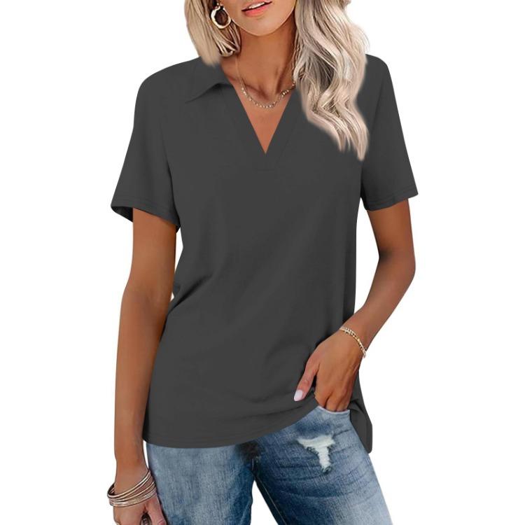 Summer Casual V Neck T Shirts Women Short Sleeves Collared Basic Tees Blouse