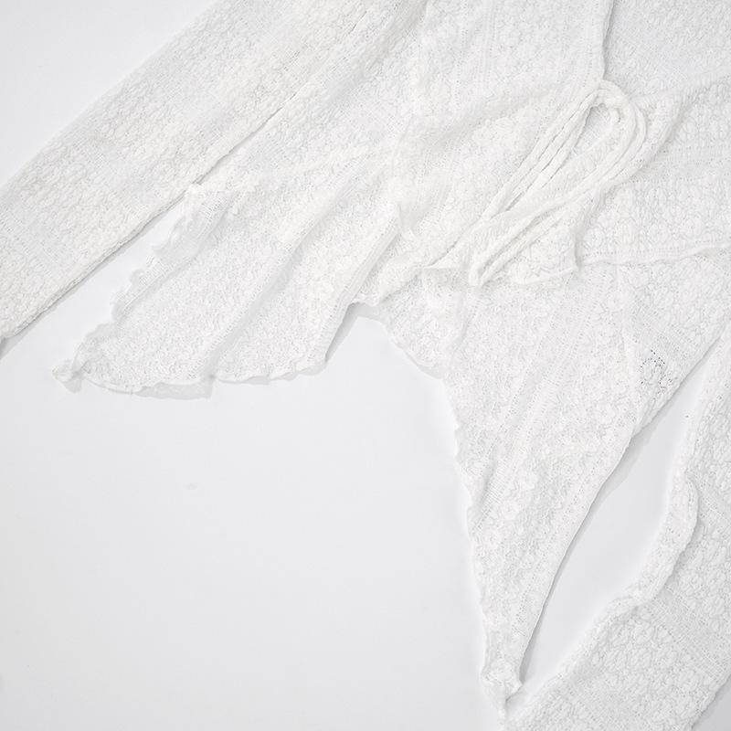 Y25TP289 Women's Solid Color Lace Trim Lace-Up Long Sleeve Top - European & American Style for Summer & Autumn