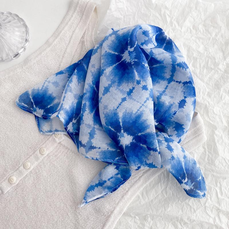 Flax small square scarf silk scarf women's headscarf neck protection scarf imitation blue dye handmade tie-dye scarf Yunnan yarn scarf thin scarf
