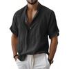 Mens Stand Collar Short Sleeve Solid Color Linen Cotton Blend Casual Shirt