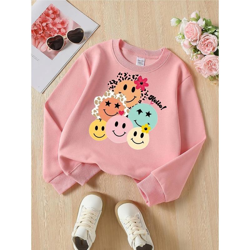 joyful Faces Hello Flowers Pattern Girls' Fashionable Crewneck Sweatshirt, autumn and winter Western style top