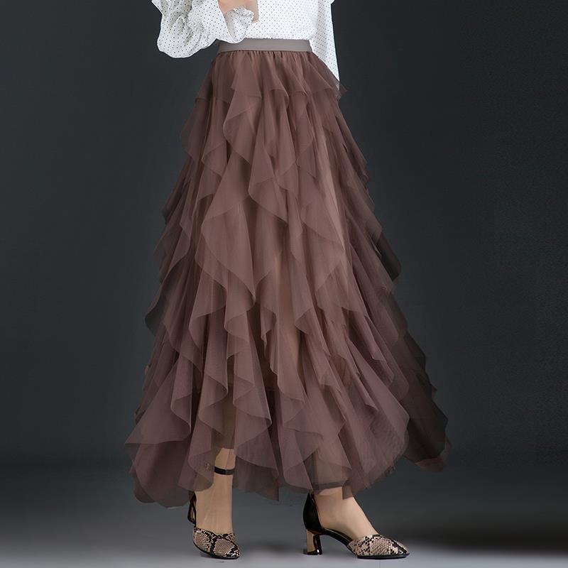 Jupe longue en tulle tutu tendance pour femme, jupe longue, style coréen, taille haute, plissée, noire, rose, printemps-été