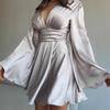 European and American High-quality Satin Party French Horn Sleeve Solid Color Long Sleeve Women's High-end Evening Dress Dress