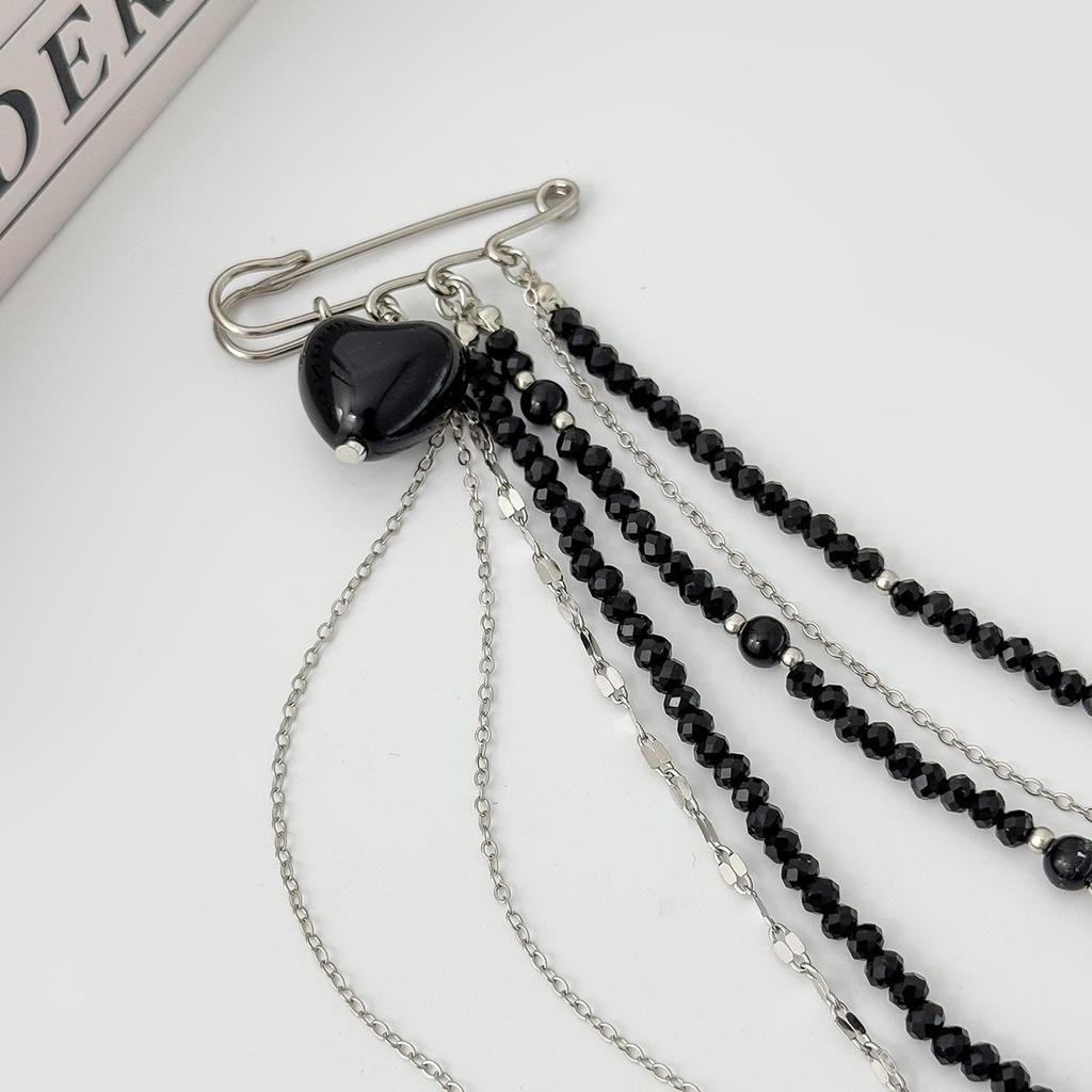 Punk Hip-hop Black Long Crystal Chain Tassel Pendant Brooch Multi-layer Creative Gravel Weaving Girl Fashion Set Jewelry
