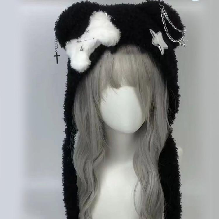 Warm Black Bear Hat with Ear Wing Furry Caps Cartoon Ear Hat Solid Color Winter Plush Hat for Casual Wear