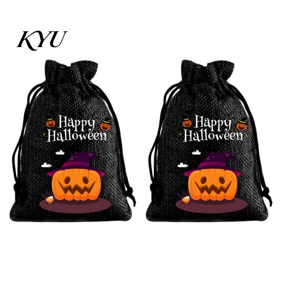 Lightweight Candy Carriers 2Pcs Halloween Pumpkin Drawstring Bags for Treats, Retro Burlap Pattern Party Favors Trick or Treat Bags, Portable