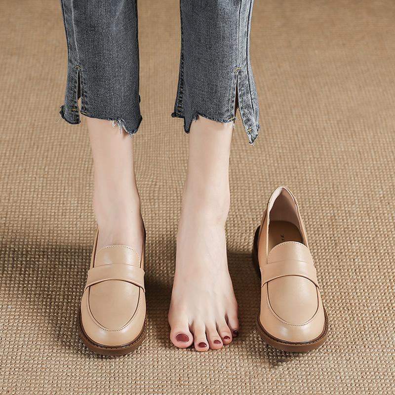 

Осенние туфли на толстом каблуке, простые, с мягкой подошвой, из цельной кожи, одинарные, для повседневной носки с юбкой, женская обувь, бесшумные кожаные туфли на четырехсантиметровом каблуке 35