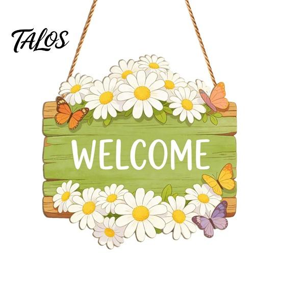 Entryway Welcome Plaque Wooden Sign, Rustic Door Hanging 2D Daisy Butterfly Print, Front Decor Halloween Thanksgiving Easter Seasonal Holiday Sign for