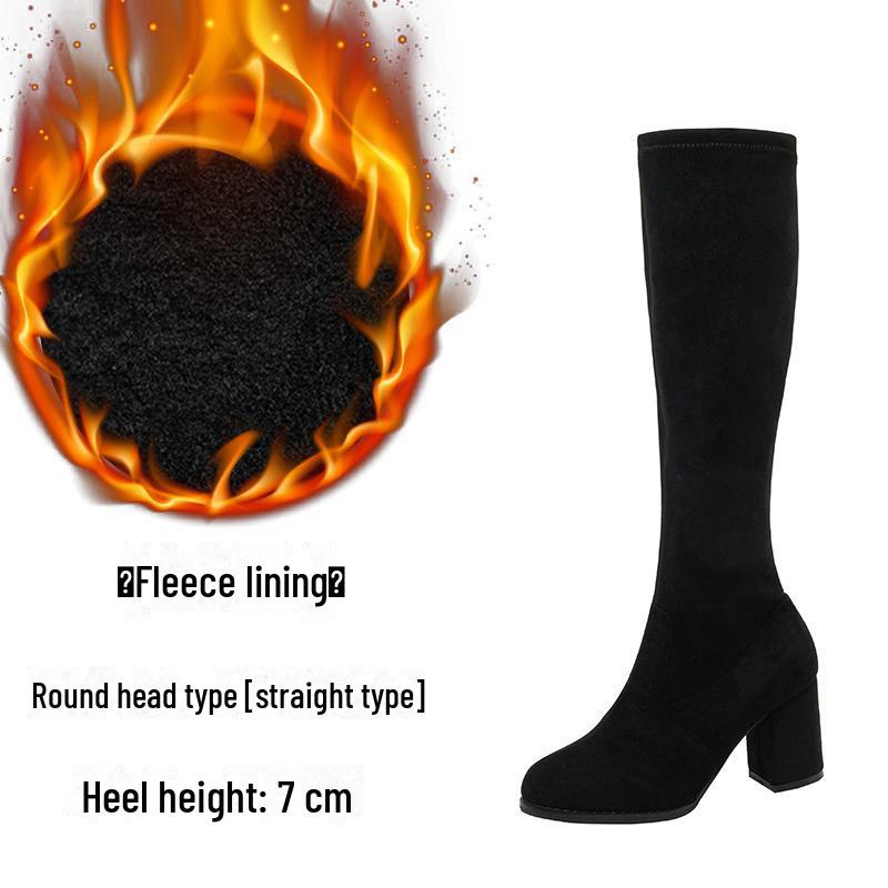 Knielange Stiefel aus elastischem Wildleder mit hohen Absätzen für Damen - Herbst/Winter 2024 Lange Stiefel mit runder Spitze