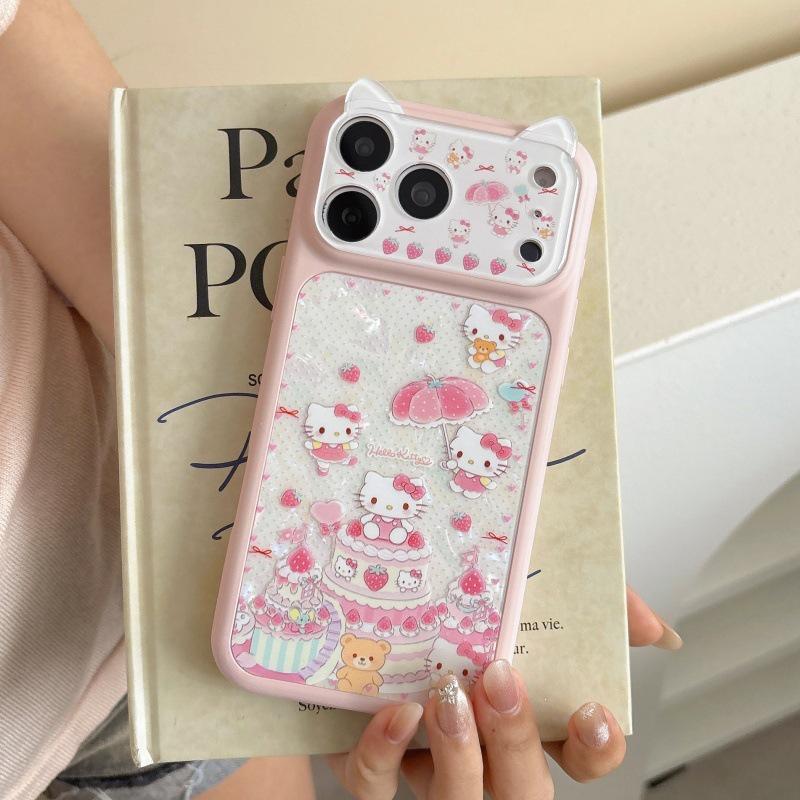 Compatible with iPhone 17 Pro Max: Strawberry Cake KT Cat Ears Large Window Case