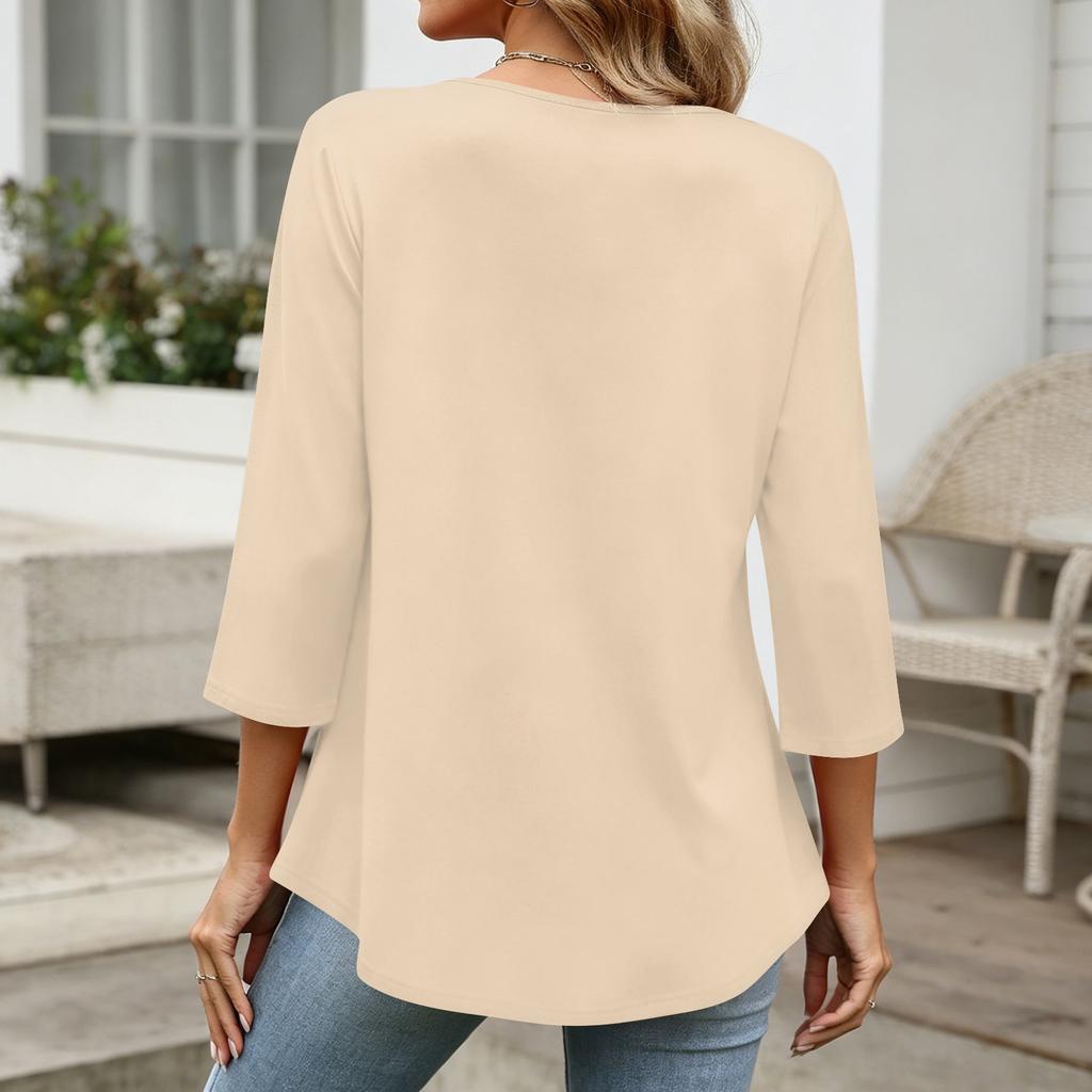 Womens 3/4 Sleeve V Neck Button Detail Solid Color Casual Loose Fit Tunic Top with Gathered Waist and Rounded Hem