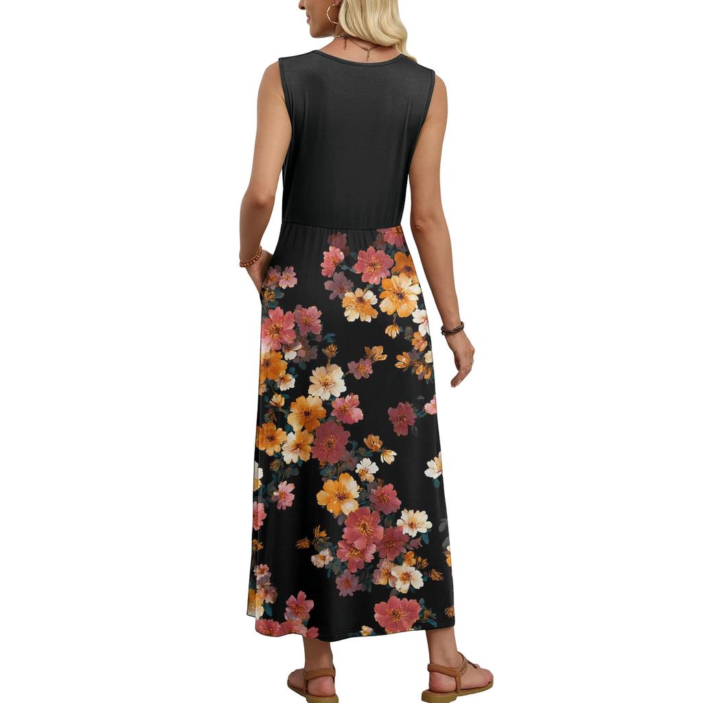 Women Sleeveless Floral Print Casual Waist Dress Crew Neck Maxi Dress Lightweight Soft Fabric for Everyday Wear